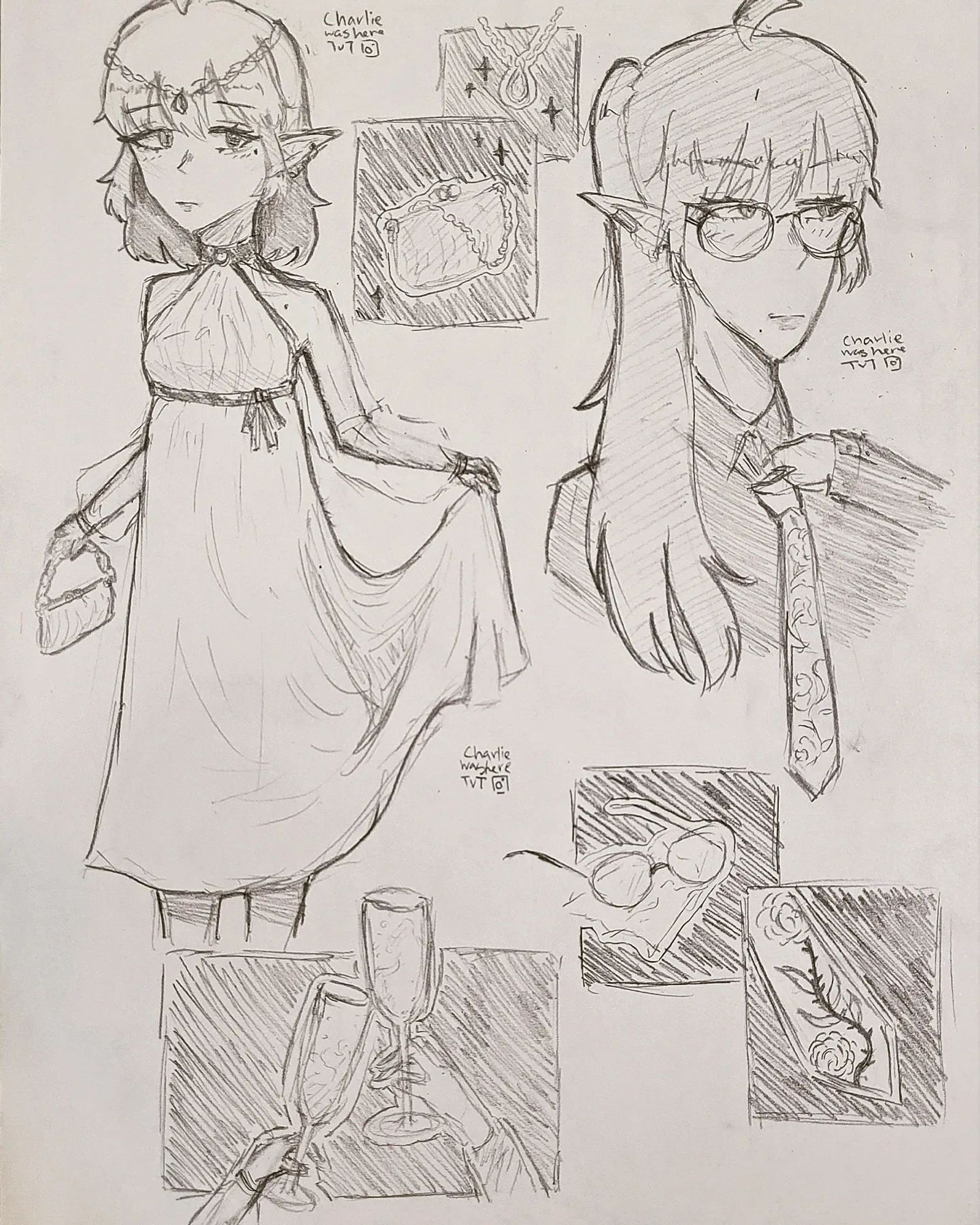 a page of doodles I did today yay!

actually really proud of it cuz I didn't use any references at all (*^▽^*) 

~~~
#doodledump #doodle #doodles #elves #sketches #banquet #justadoodle #blackandwhite #traditionalart #noreference-1