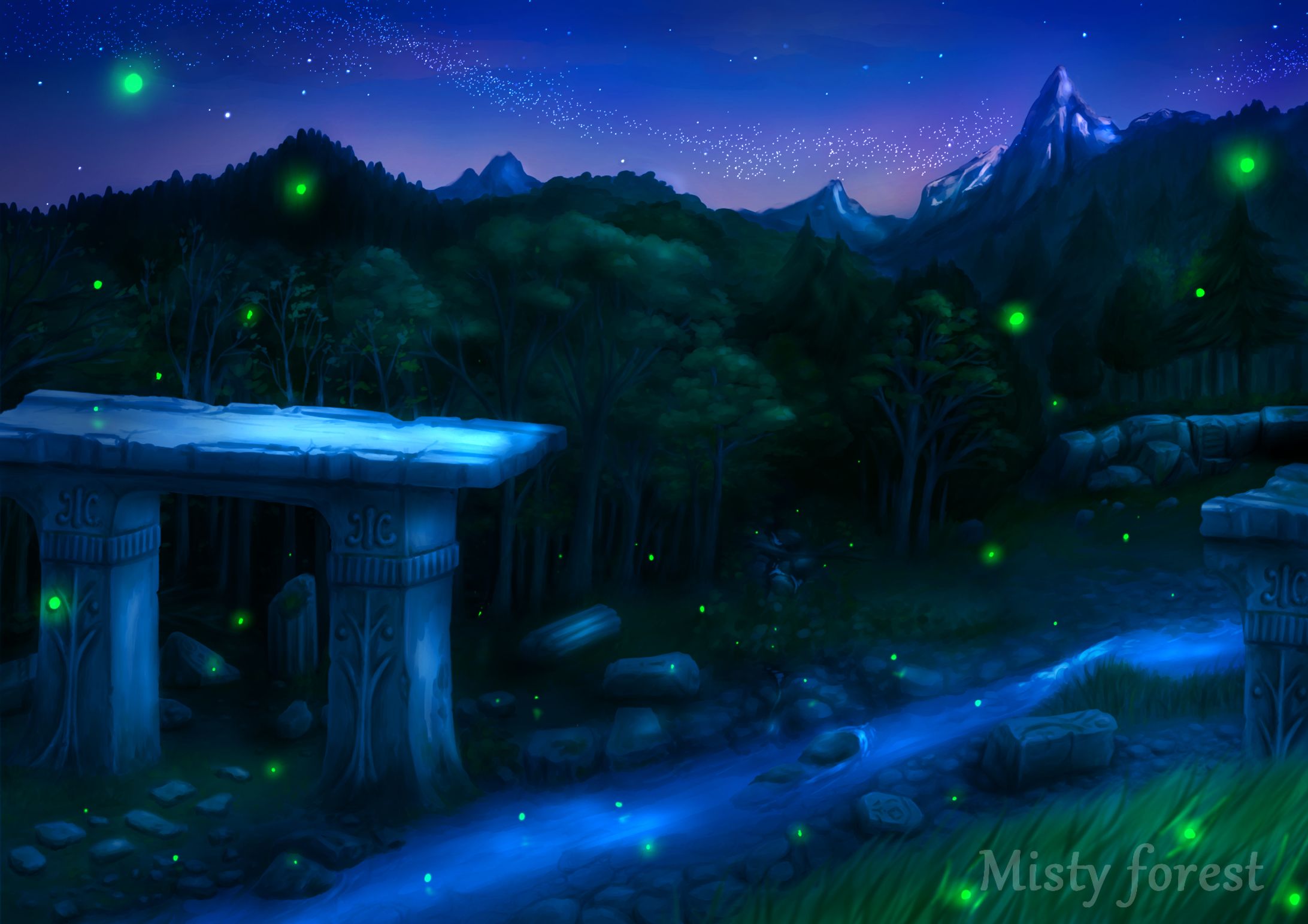 【Misty Forest】風景ビジュアルー遺跡ー（夜）-1