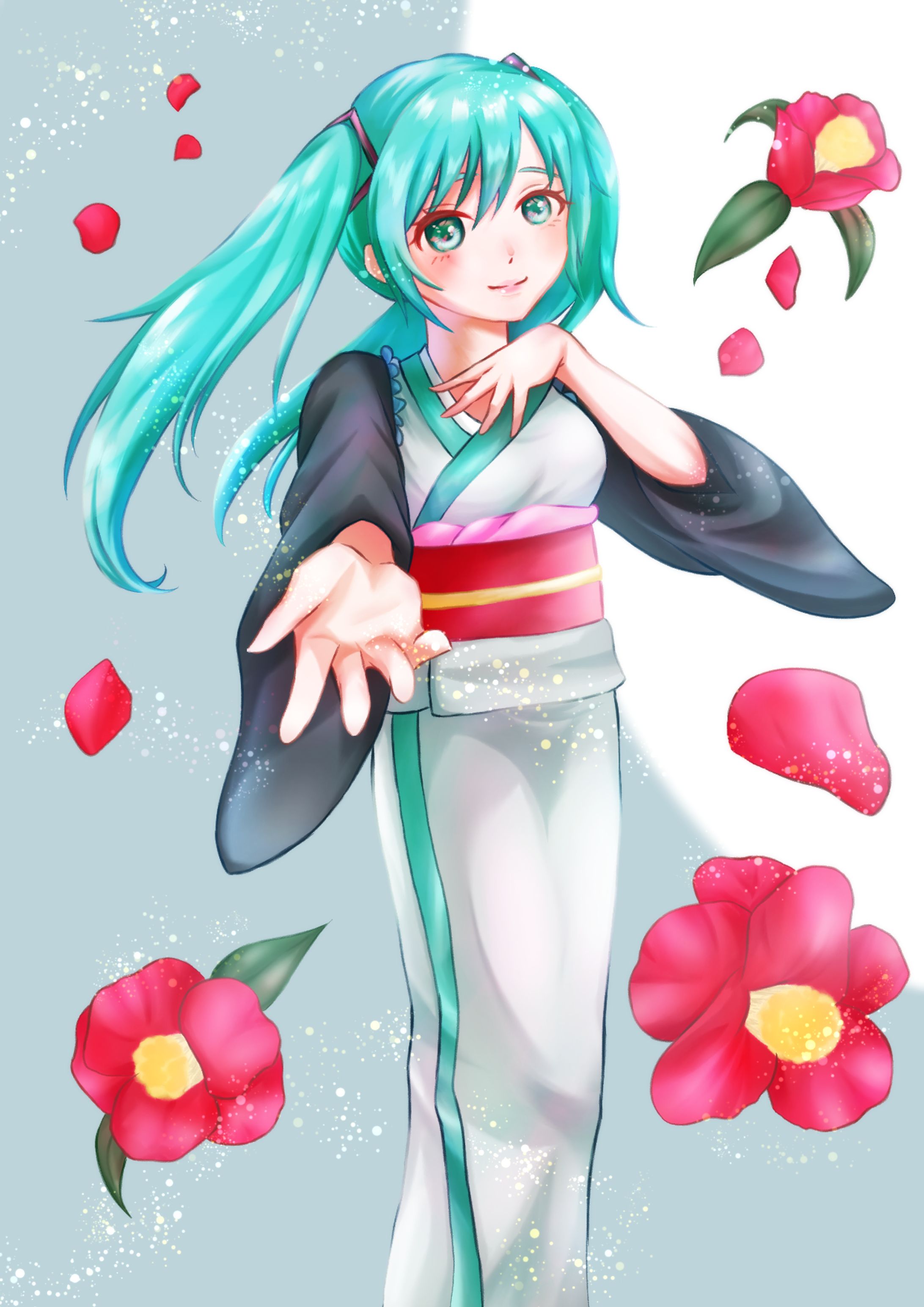 初音ミクと椿-1