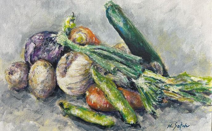 「野菜」
アクリル　キャンバス　F4

#アクリル画 #アクリル絵の具 #acrylicpainting #acrylic 
#静物画 #ターナー #ターナー色彩  #u35 #uー35 #野菜 #玉ねぎ #じゃがいも #にんじん #ズッキーニ #そら豆 #painting #stilllife #vegetables #onion #potato #carrot #turnercolour