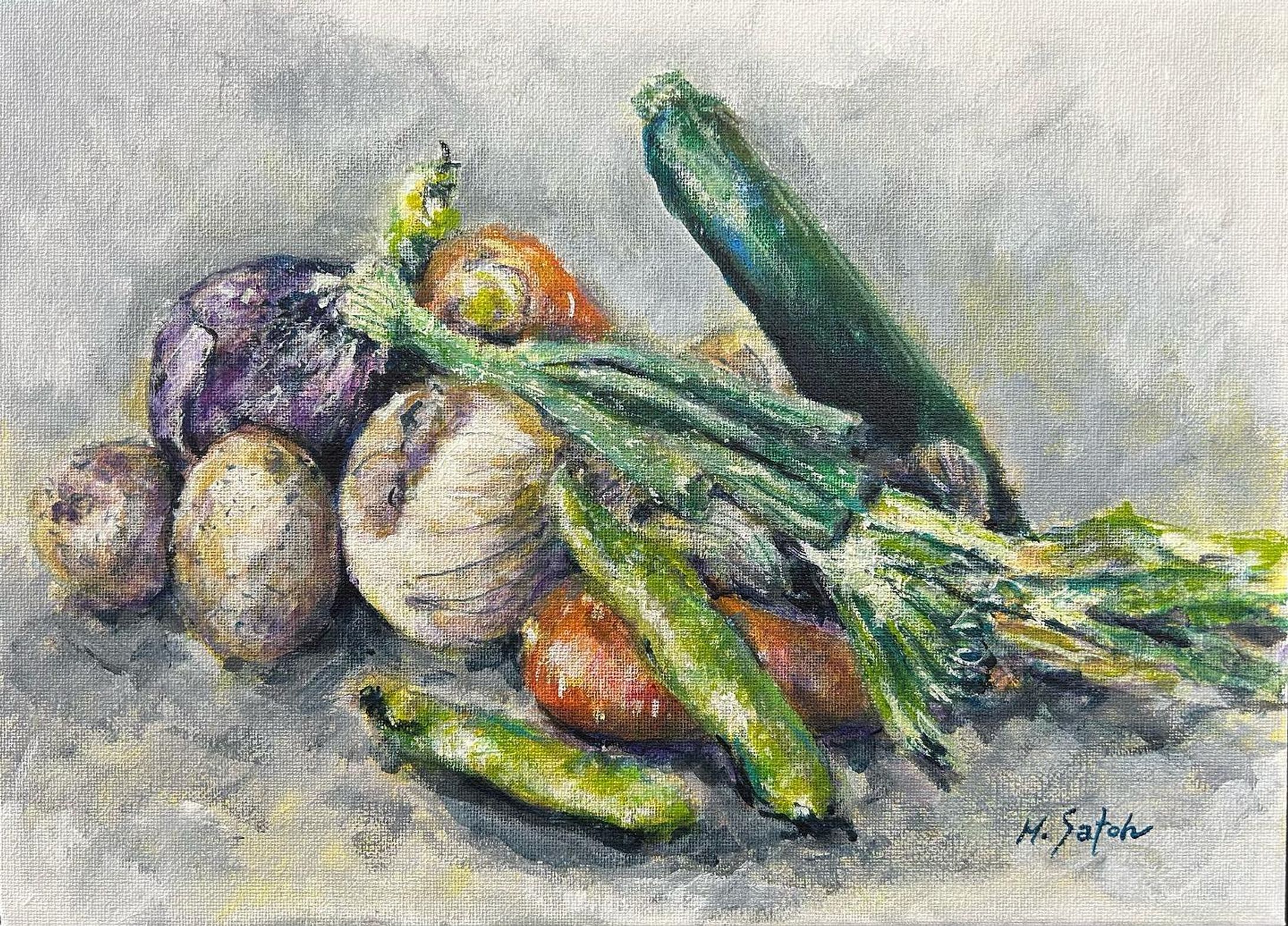 「野菜」
アクリル　キャンバス　F4

#アクリル画 #アクリル絵の具 #acrylicpainting #acrylic 
#静物画 #ターナー #ターナー色彩  #u35 #uー35 #野菜 #玉ねぎ #じゃがいも #にんじん #ズッキーニ #そら豆 #painting #stilllife #vegetables #onion #potato #carrot #turnercolour-1