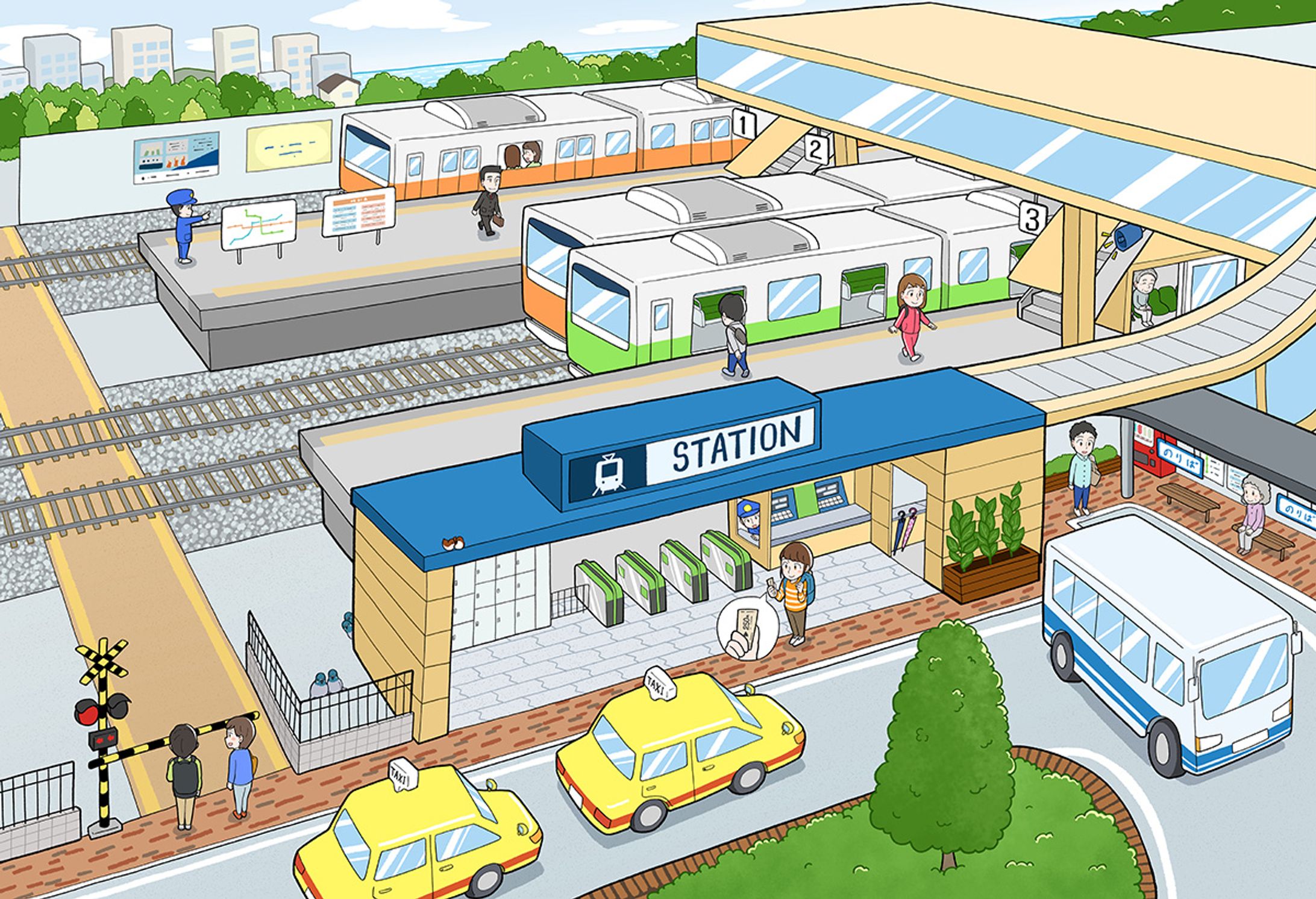 「5か国語でおもてなし 交通・施設編」イラスト-1