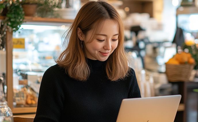 カフェでパソコンを操作している女性