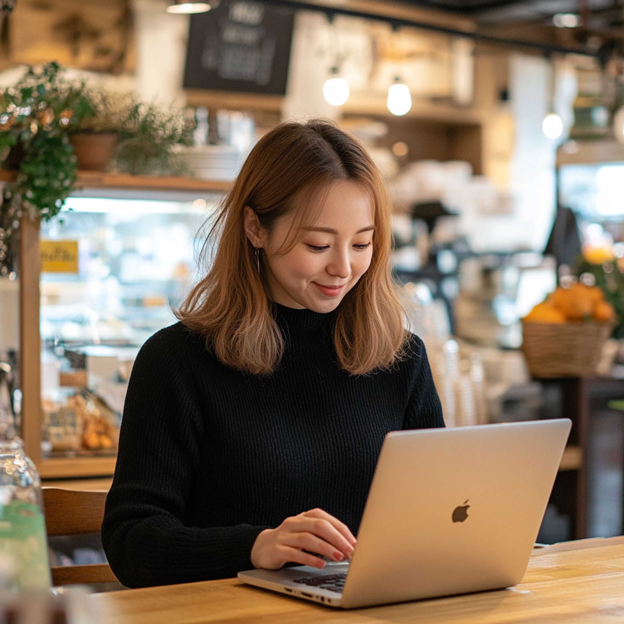 カフェでパソコンを操作している女性-1