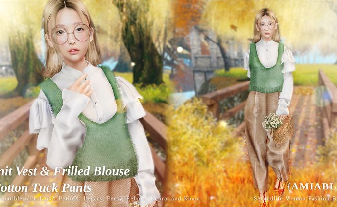 {amiable}Knit Vest with Frilled Blouse & Tuck Pants@Dubai(50%OFF SALE).