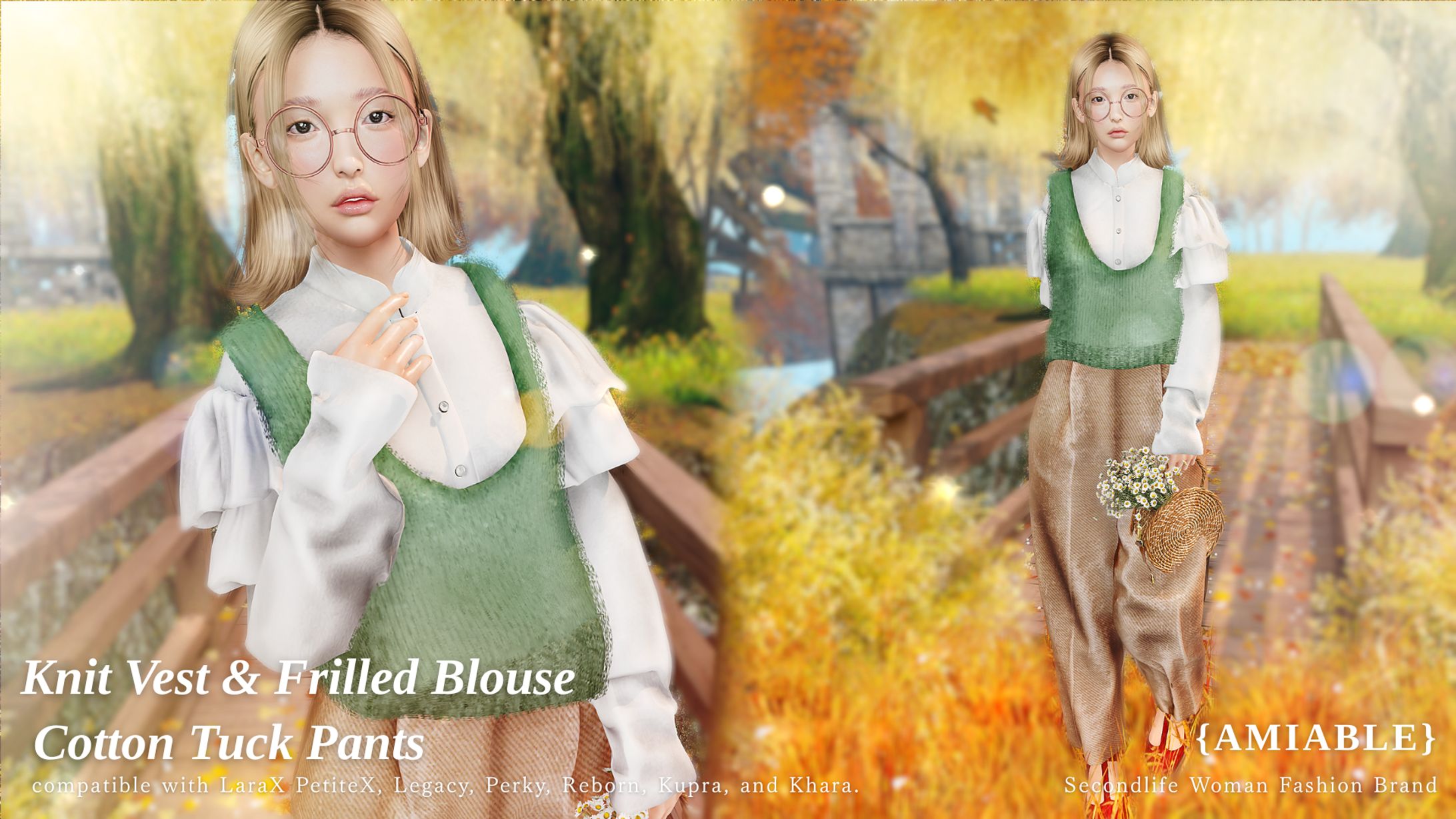 {amiable}Knit Vest with Frilled Blouse & Tuck Pants@Dubai(50%OFF SALE).-1