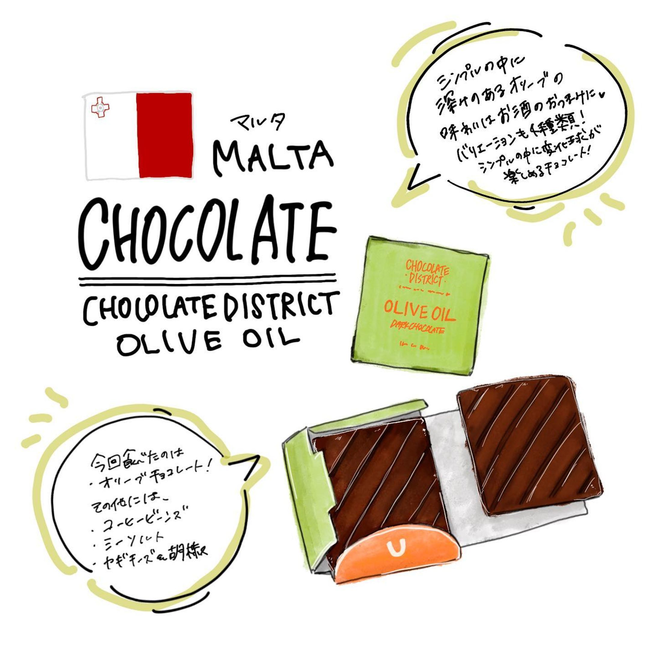 #チョコレート 
#フェリシモ 
#フェリシモチョコレートミュージアム
#chocolate 
#felissimo
#felissimochocolatemuseum
#フェリシモチョコレートミュージアム

@buyer_miri 
@felissimochocolatemuseum 

世界中を飛び回り、チョコレートバイヤーみりさんが見つけた
地元の人々に愛されているとびっきりのチョコレートたち！

第五弾🤩
シンプルの中にも深みと味わいが
オリーブチョコレート🟢🍫

#マルタ 
行きたいところの一つ！

実家の問題を解決させて、
お金貯めたら絶対海外旅行いくんだから😆笑

チョコレートを求める旅は本当にやりたいな🤔
誰にも知られてない特別なチョコレート探してみたい😍

と、みりさんの説明を聞きながら
海外妄想を膨らませつつ
いざ、パクリ！

滑らか〜〜のチョコの中に
ほんのりオリーブのあの感じ😍

クセもなく、「甘さ」が苦手で
逆にコーヒーの「苦さ」がすき！

というひとにはこのチョコレートは相性良いかも😳✨

もちろんお酒にも相性抜群な
おつまみチョコレートとしても👏

私、このラインナップの
山羊チーズと胡椒のチョコレート
めちゃくちゃに気になる🤣
どんな食感でどんな味なの？！

世界にはいろんなチョコの見せ方があって
開発されてることにもドキドキだった☺️

日本で変わり種ってあんまみたことない
（百貨店ばっかりだからそうなんだけど）

もっともっとチョコレートのこと知りたい！
と思いが募りました🥰

#malta #olive #chocolatedistrict #chocolate 
#beantobar #valentineday #whiteday #illustration #オリーブ #チョコレート #チョコレート好きな人と繋がりたい #甘いもの好きな人と繋がりたい #ご褒美 #バレンタインデー #ホワイトデー #幸福のチョコレート #旅行 #カカオ #お絵かき #イラスト #海外旅行 #プレゼント-1