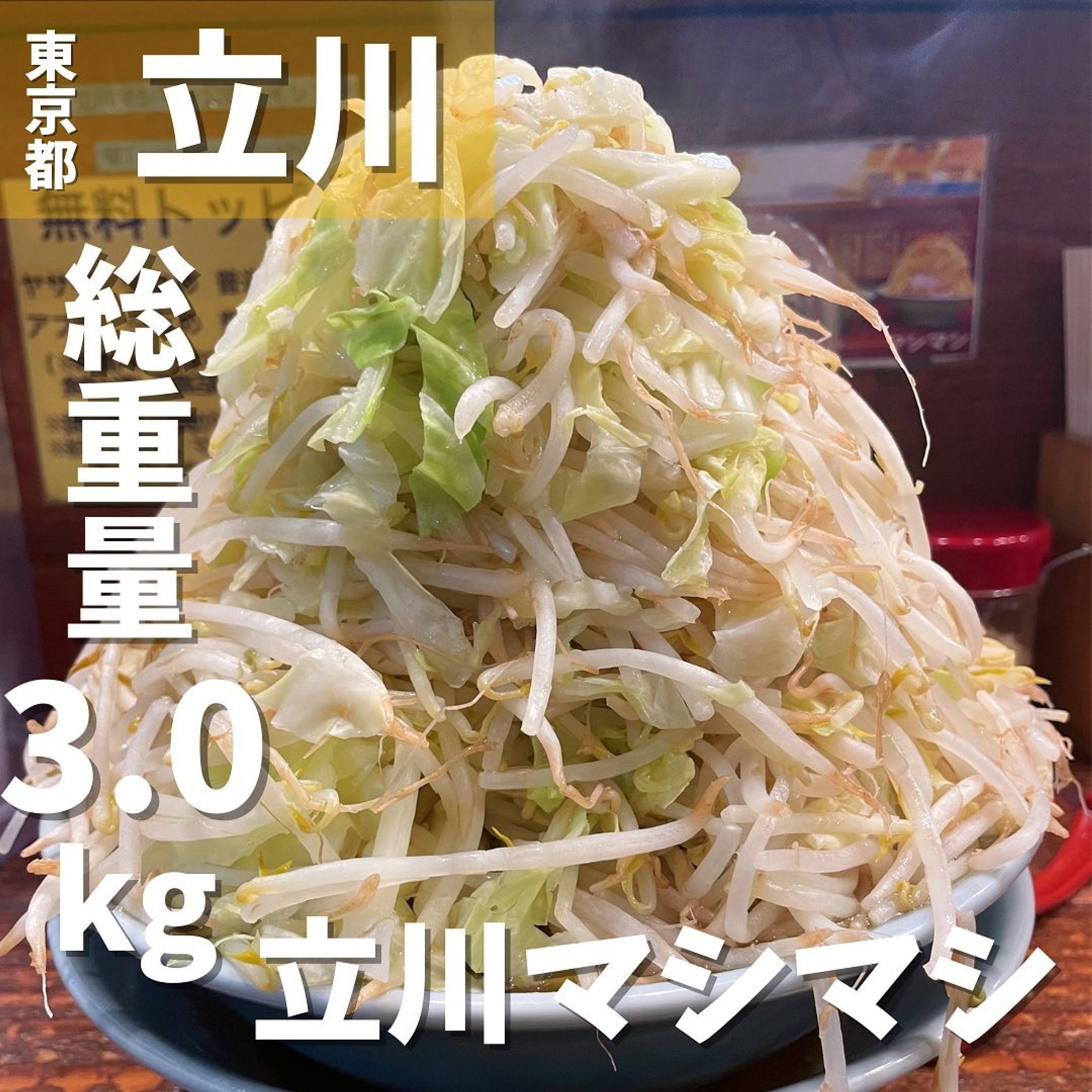 【立川】野菜が山のように盛られる二郎インスパイア系ラーメン店　立川マシマシ
...
▼ポイント
◆野菜マシマシは野菜だけで2kgあるデカ盛り
◆ 麺の弾力が特徴的でとても食べ応えがある
◆ メニューが豊富で、今話題の「麺なしラーメンライス」など斬新な絶品メニューもある

▼注文内容(税込)
中ラーメン(麺300g)　900円

「デカ盛りが食べたい！」って
時にオススメの二郎系ラーメンのお店。
シャキシャキのもやしとキャベツと分厚いのに柔らかく脂身の少ないチャーシューがたまりません。
脂身がたっぷり入ったスープは香ばしさとともにコクがありクセになります！
麺に変わるボリュームを演出しているのはモヤシです！
初心者の方はマシ、マシマシの注文はご遠慮くださいと注意書きがあります。
にんにくは卓上にあり入れ放題！
もう胃袋がパンパンです。
最後の方は野菜たちがラーメンの汁を吸いすぎて味が薄くなったので、ブラックペッパーで味付けしながら食べましたが、最初に味を濃いめにしておけば良かったなと反省です…
僕が人生一通っている二郎系ラーメン店是非一度行ってみてください！

〇⚫︎〇⚫︎店舗情報〇⚫︎〇⚫︎
▼店名
立川マシマシ 立川総本店

▼予算
〜1,200円

▼アクセス
立川駅南口より徒歩3分

▼所在地
東京都立川市錦町1-2-16 立川アーバンホテル たま館 1F

▼TEL
042-512-8863

▼営業時間
・月曜～金曜
11：00～15：00
18：00～25：30
・土曜
11：00～25：30
・日曜祝日
11：00～24：00

▼予約
不可

▼個室
無
---------------------------
グルメ情報を発信しております！
投稿内容が気になった方は @taiki_gourmet 
フォロー&いいね👍&コメントお待ちしております！
---------------------------
#グルメ #グルメ好きな人と繋がりたい #グルメスタグラム #東京グルメ #立川 #立川グルメ #立川ラーメン #立川マシマシ #立川市 #立川駅 #立川駅南口 #二郎系 #二郎 #二郎系ラーメン #二郎インスパイア #ラーメン #ラーメン好きな人と繋がりたい #ラーメン部 #ラーメンインスタグラマー #ラーメン大好き #デカ盛り #デカ盛りグルメ #デカ盛りチャレンジ #拉麺 #麺活 #麺スタグラム-1