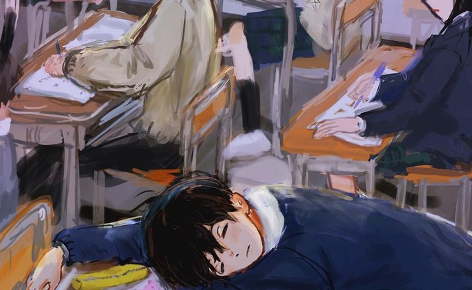 🏫

#イラスト#illustration
#イラスト好きな人と繋がりたい 
#高校生イラスト
#厚塗り　#居眠り