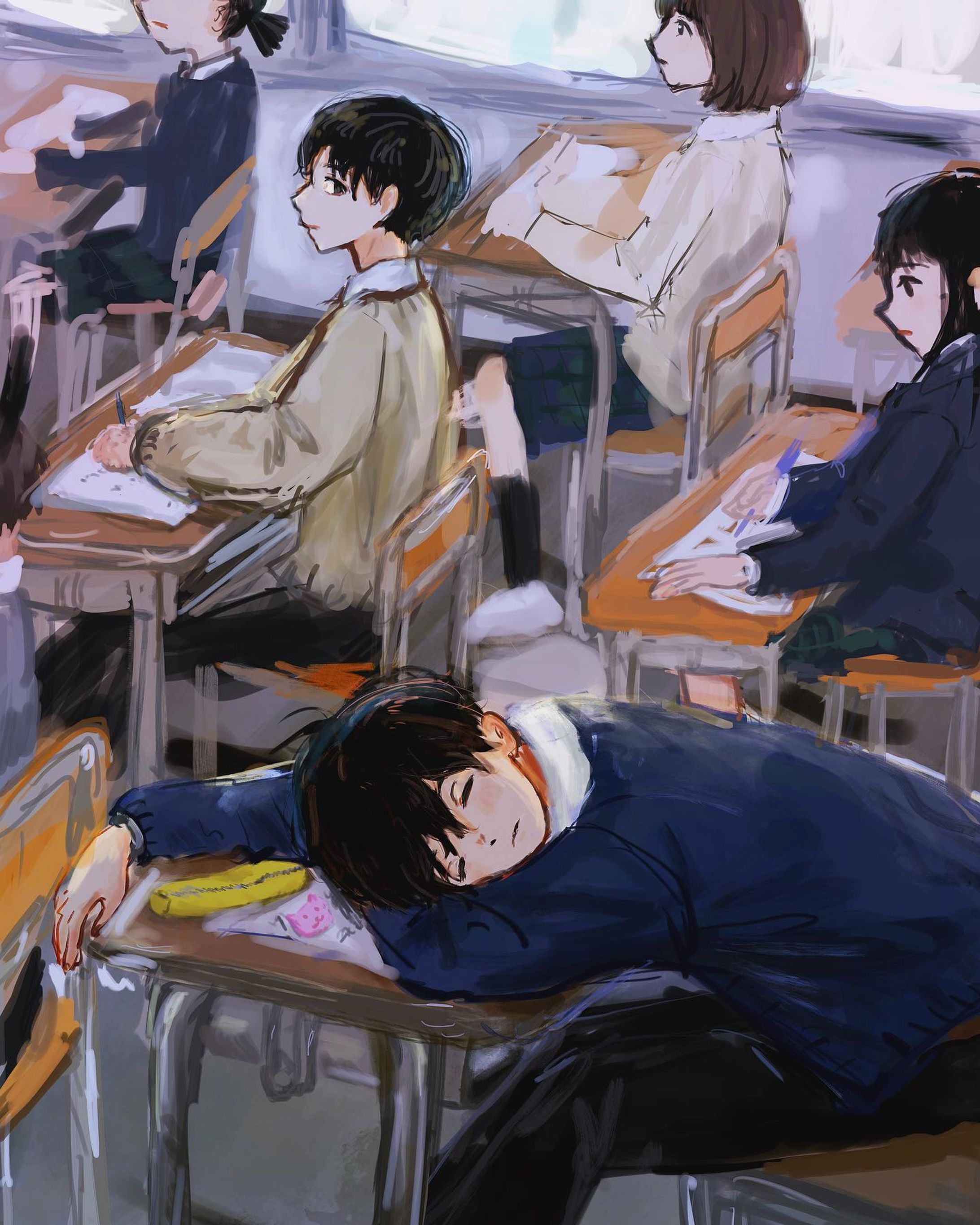 🏫

#イラスト#illustration
#イラスト好きな人と繋がりたい 
#高校生イラスト
#厚塗り　#居眠り-1