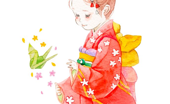 透明水彩と色鉛筆の作品　折り鶴に願いを込めて