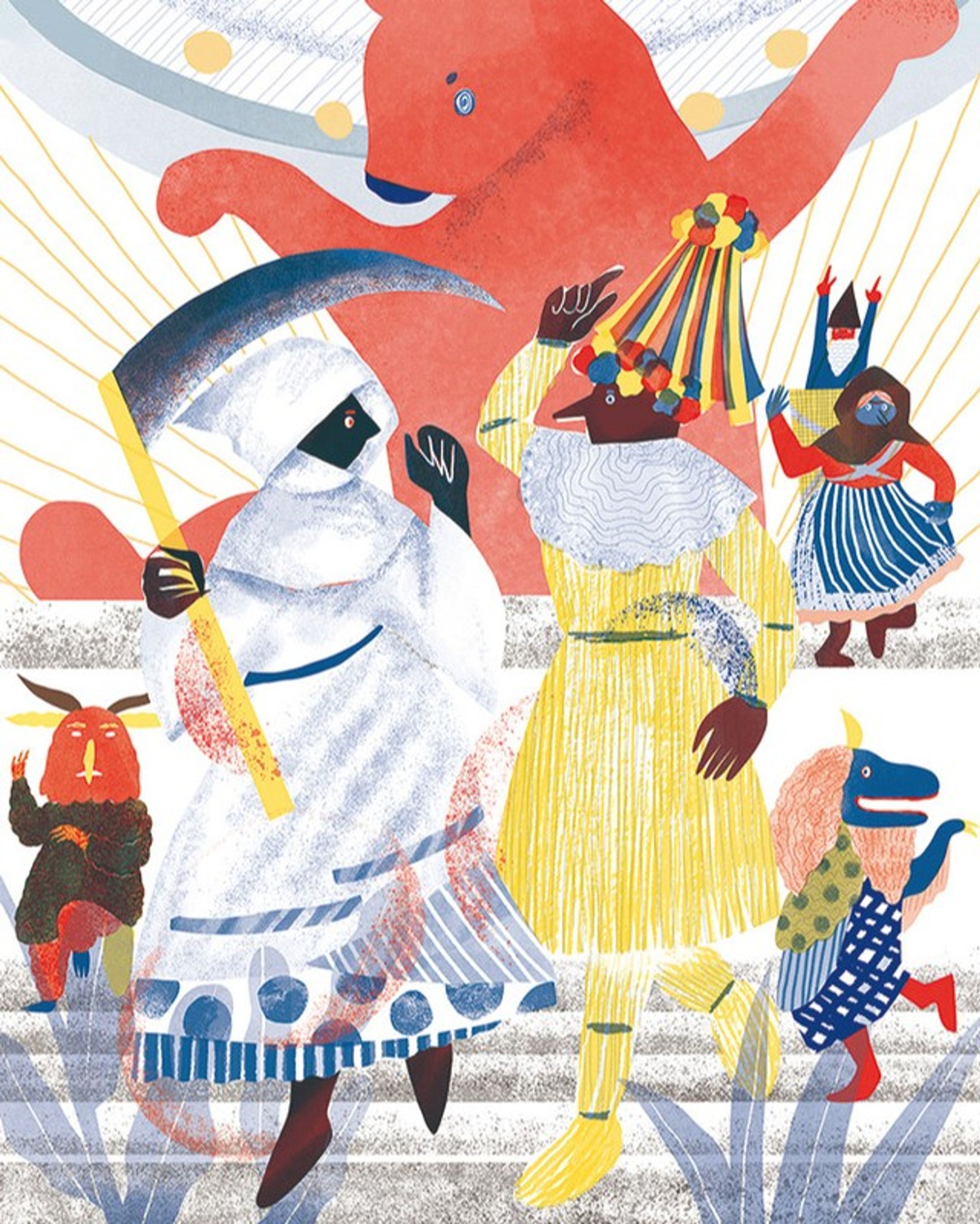 アートディストリクトと呼ばれるプラハ7区は市長の意向もあり文化活動に力を入れています。Hobuletは歴史や文化に関して毎月市が発刊するタブロイド紙で今回二回目のイラストレーションを担当しました。テーマはダンスなので人以外のモチーフ要素がなく、記事となるインタビュー先のスタジオも全てタップダンスメインなのでカバー、中扉とカットでどう違うものを描くかがチャレンジでした。

Illustartion for Hoblet, Tabloid from city prague 7. The City values culture and art so it is called Art district and issues Hoblet every month.
For this time, the theme is Dance, which I think source only human bodies, so how to show different illustrations is a bit challenging. The reason why there are monsters is because February is the month of Czech fasting traditional event with mask parades. 

online version: https://www.praha7.cz/hobulet/archiv-hobuletu/detail/?id=92
web: https://www.praha7.cz/smim-prosit/ 

design: @20yydesigners 
writing: @_diana.rykrova 

#hoblet #artdistrict #praha7 #illustration #tabloid #magazineillustration #masopust #tap #tapdance #swing #danceart #dancingillustration #kuma #smrt #masopust2023 #letna #holesovice #tap-1