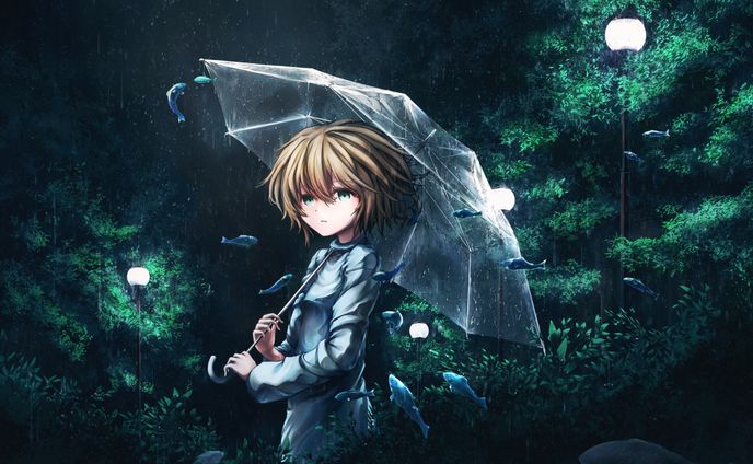 雨と魚と青緑/夜の雨に沈む
