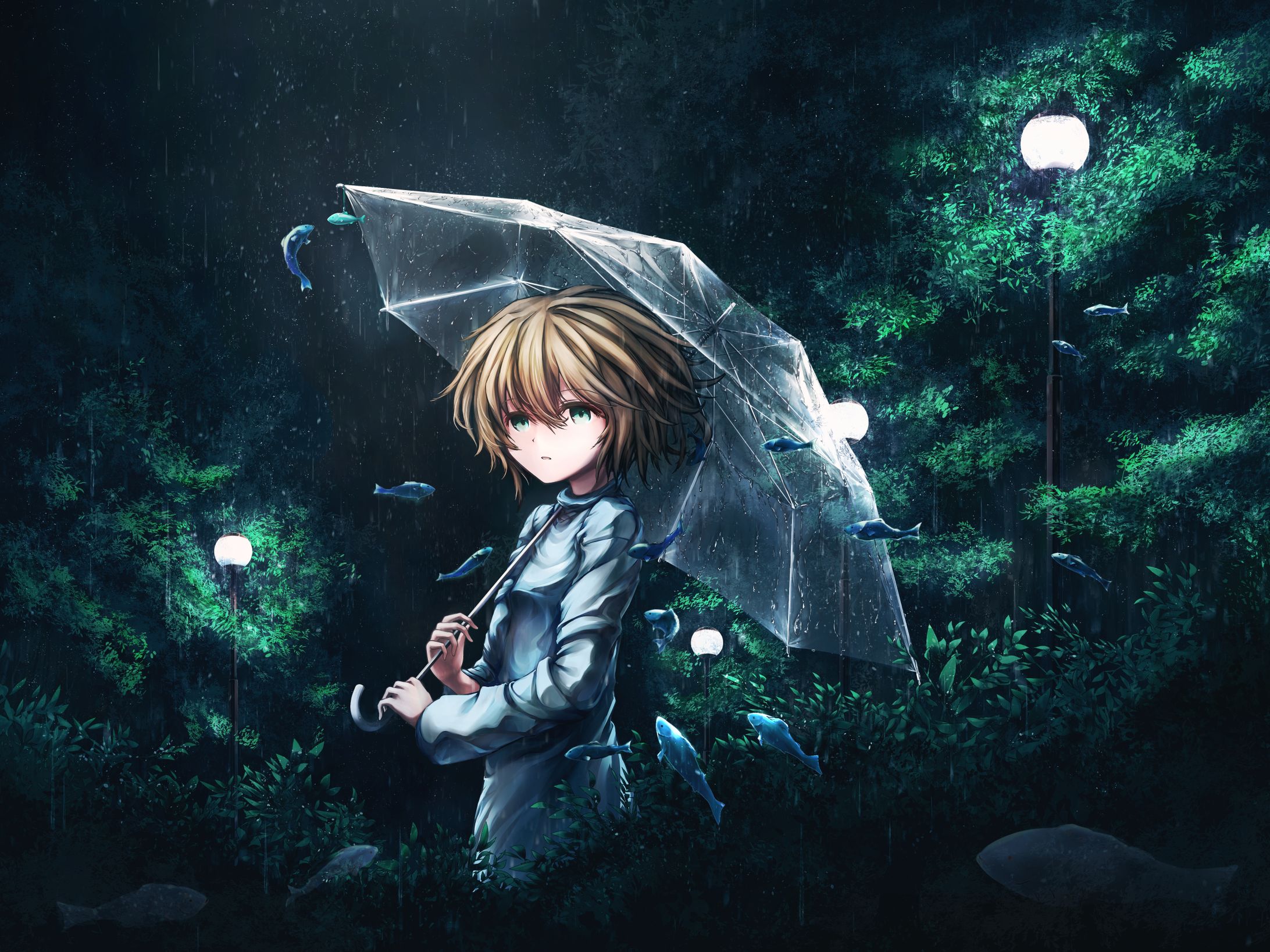 雨と魚と青緑/夜の雨に沈む-1
