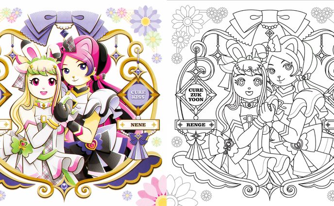 キュアズキューン緑原れんげ＆キュアキッス桃山ねね（しまじろうのわお！×キミとアイドルプリキュア♪）※二次創作／Affinity Designer for PC 2 使用