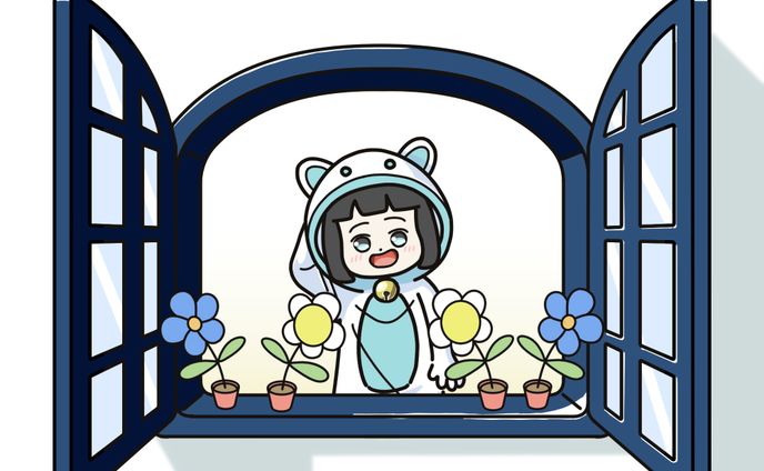 窓と着ぐるみ女の子