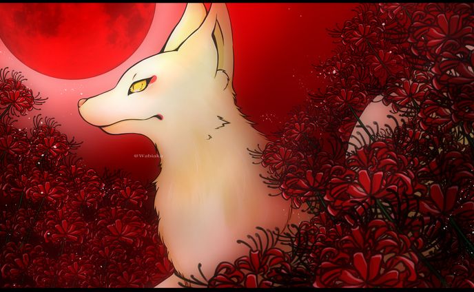 m*可様 オリジナル手描きイラスト　少年と狐面、彼岸花 彼岸花と狐