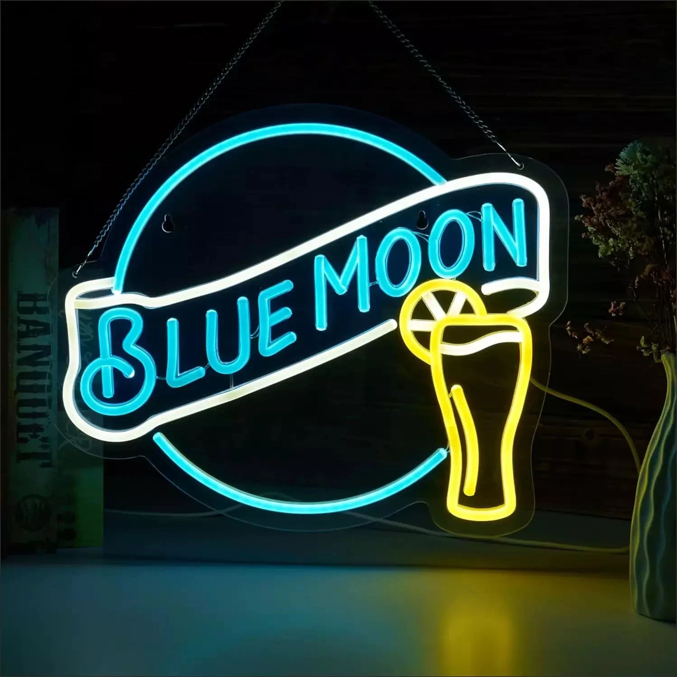 Blue Moon Beer Neon Sign Yellow White Blue-1