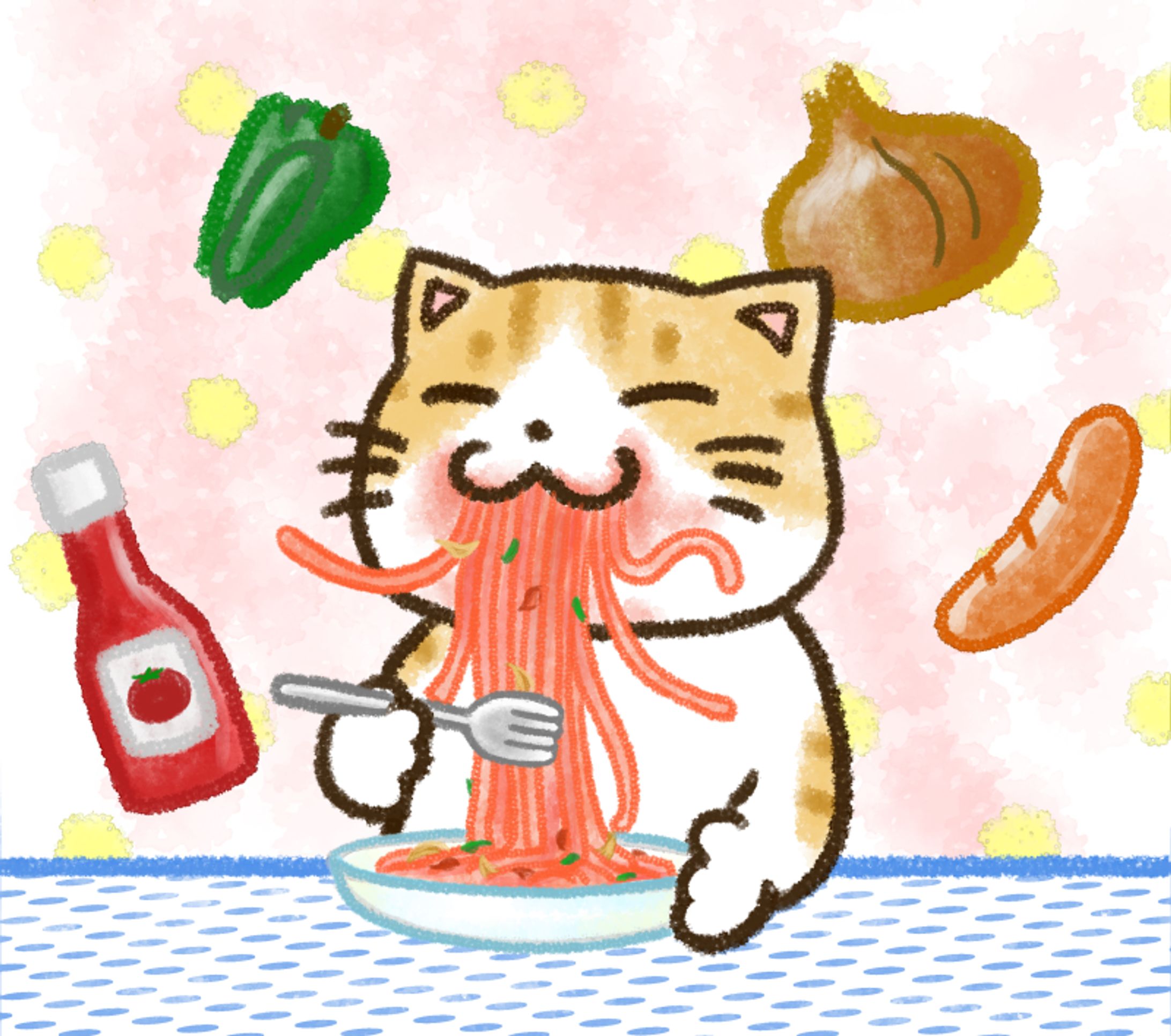 食べ物とねこ(ナポリタン・高菜炒め・おにぎり)-1