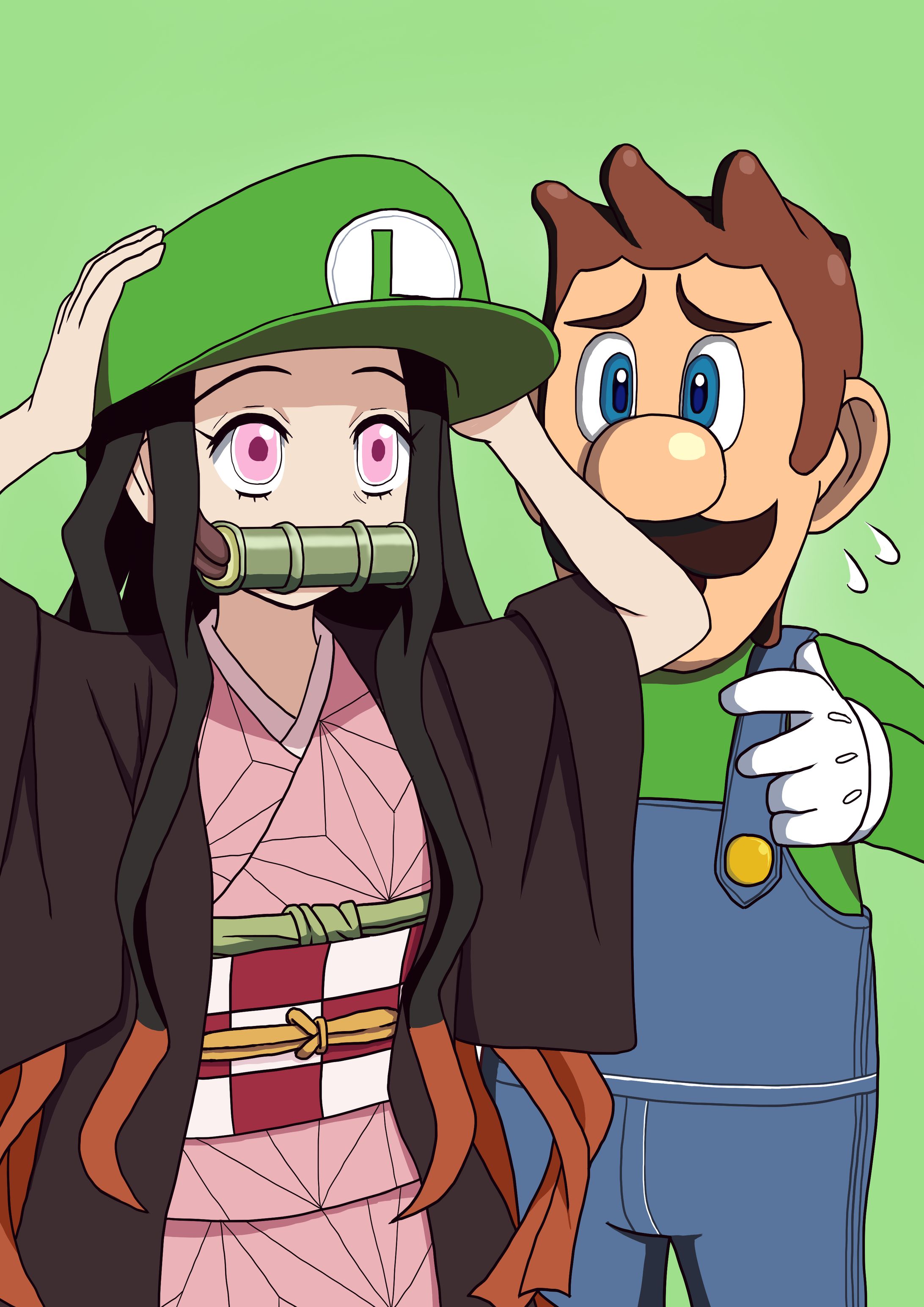 リクエストイラスト（竈門禰󠄀豆子とルイージ）-1