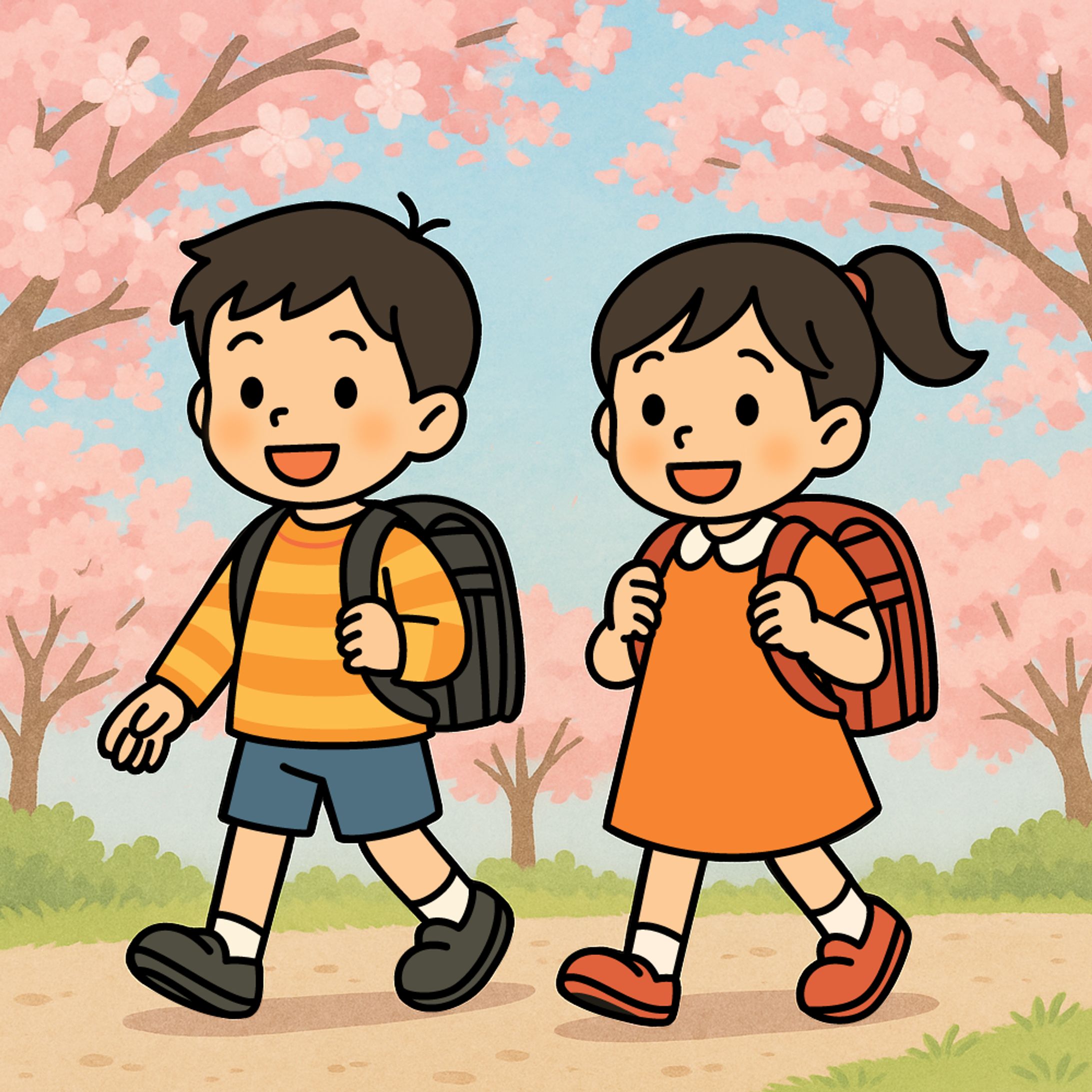 春の通学路を歩く小学生｜Children Walking to School on a Cherry Blossom Path-1
