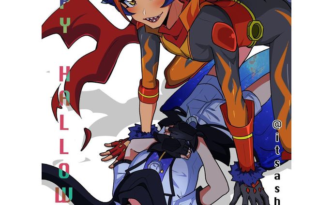 ❤️‍🔥Happy Halloween 🎃 
-
#yugiohoc #ygooc #amahomu #yugiohvrains #ygovrains #yugiohvrainsoc #vrains2 #strawberrymoonshipping #amagawatsukiya #homuratakeru #csp #animeart #digitalart #soulburner #moonphaser