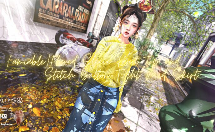{amiable}Flared Sleeve Knit Top & Stitch Button Tight Mid Skirt@the Mainstore.
