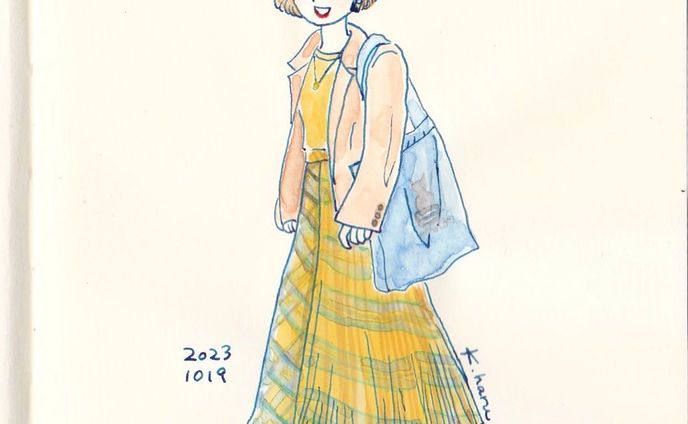 好きなイラストレーターさんの個展に行った時のコーデ。
最近購入したユニクロジャケットを主役に
明るいコーラル系のリップをつけてお出掛け。

オレンジの革靴は20代に購入して
靴底も張り替えて大事に履いています。

チェック柄スカートはプリーツ幅が違う切り替えありで
面白いデザインのロング丈で去年頃購入。

お洒落スナップ風に娘にリクエストして
撮影してもらった写真を見ながら描きました。
ポージングっ難しいですね、動きが浮かばない😂

これにハンチング帽を合わせたら「探偵みたいだね🕵️‍♀️」との感想もらいましたが確かに！
シャーロックホームズの妹をネトフリで観たからかな？

🧥#uniqlo #テーラードジャケット チェックM
👗#americanholic 
👞#wanonano #ワノナノ ブランド休止
💎#heartdance #ロングネックレス
🖋 #iroutsushi F

#kuroshimaharu_fashion 

#万年筆　#万年筆イラスト#万年筆イラスト #fountain #fountainpen #fountainpenink #watercolor #illustration #トラッド #トラッドスタイル #ファッションイラスト#骨格ストレート #骨格ストレートコーデ #水彩 #イラスト #イラストグラム #革靴女子 #mdノート #mdnotebook #leathershoes #革靴