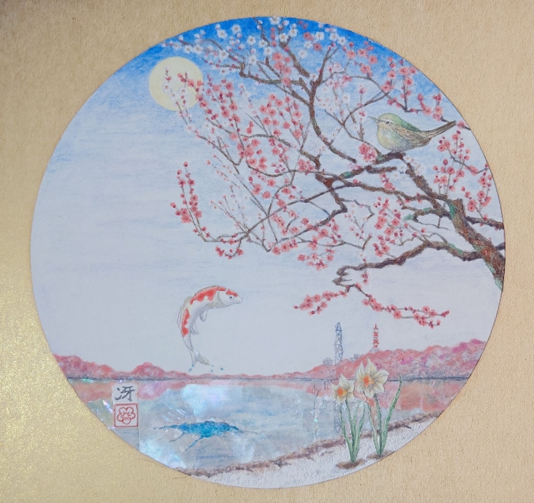 立春　偕楽園　日本画　螺鈿-1