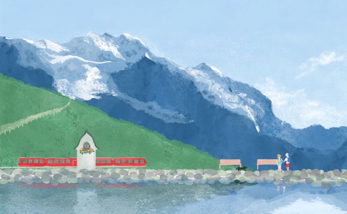 スイスの山間、泉のある場所