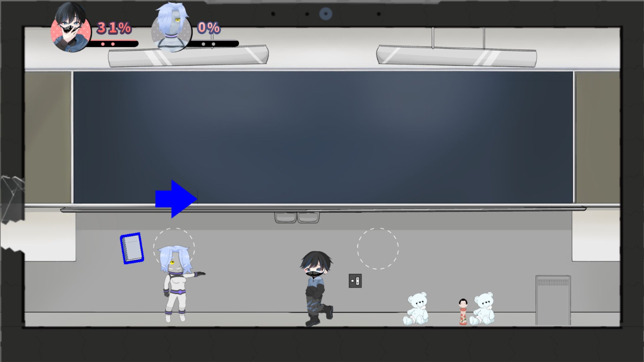 教室ステージ上部の蛍光灯に複数回オブジェクトやプレイヤーをぶつけることで、投擲可能オブジェクトに変化する。