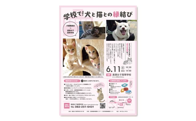 学校で！犬と猫との縁結び 犬猫譲渡会in進徳女子高等学校｜チラシ