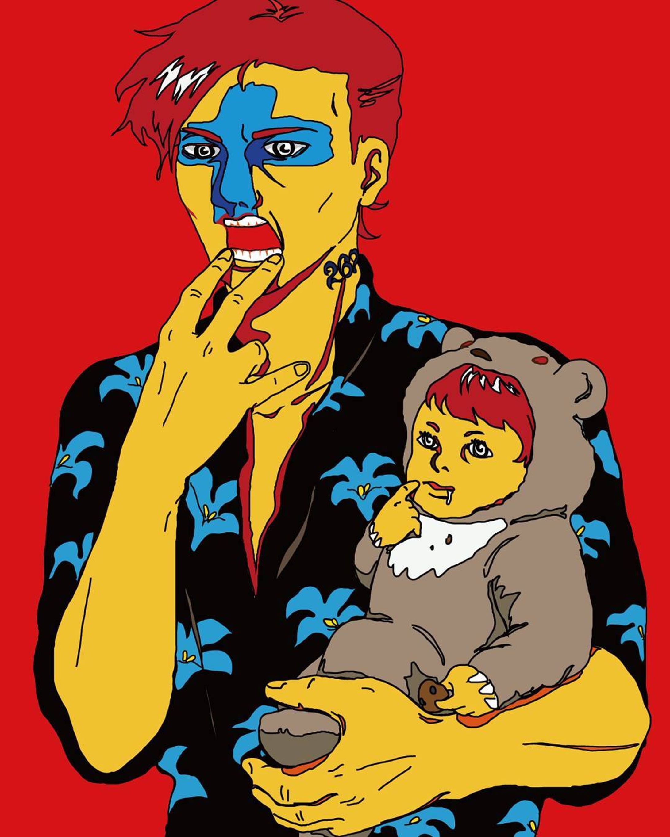 #ロケパ
#ロック
#パパ
#親子
#ファミリー
#半袖
#赤髪
#rock
#papa
#family
#絵
#picture
#Parent and child
#blueflower
#redhair-1