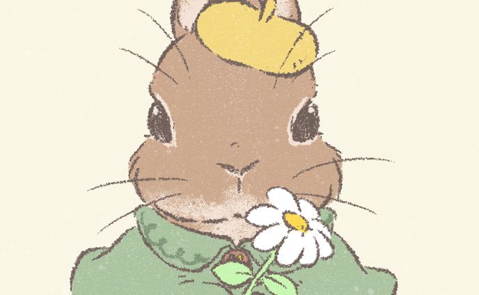 服を着て花を持っているうさぎのイラスト