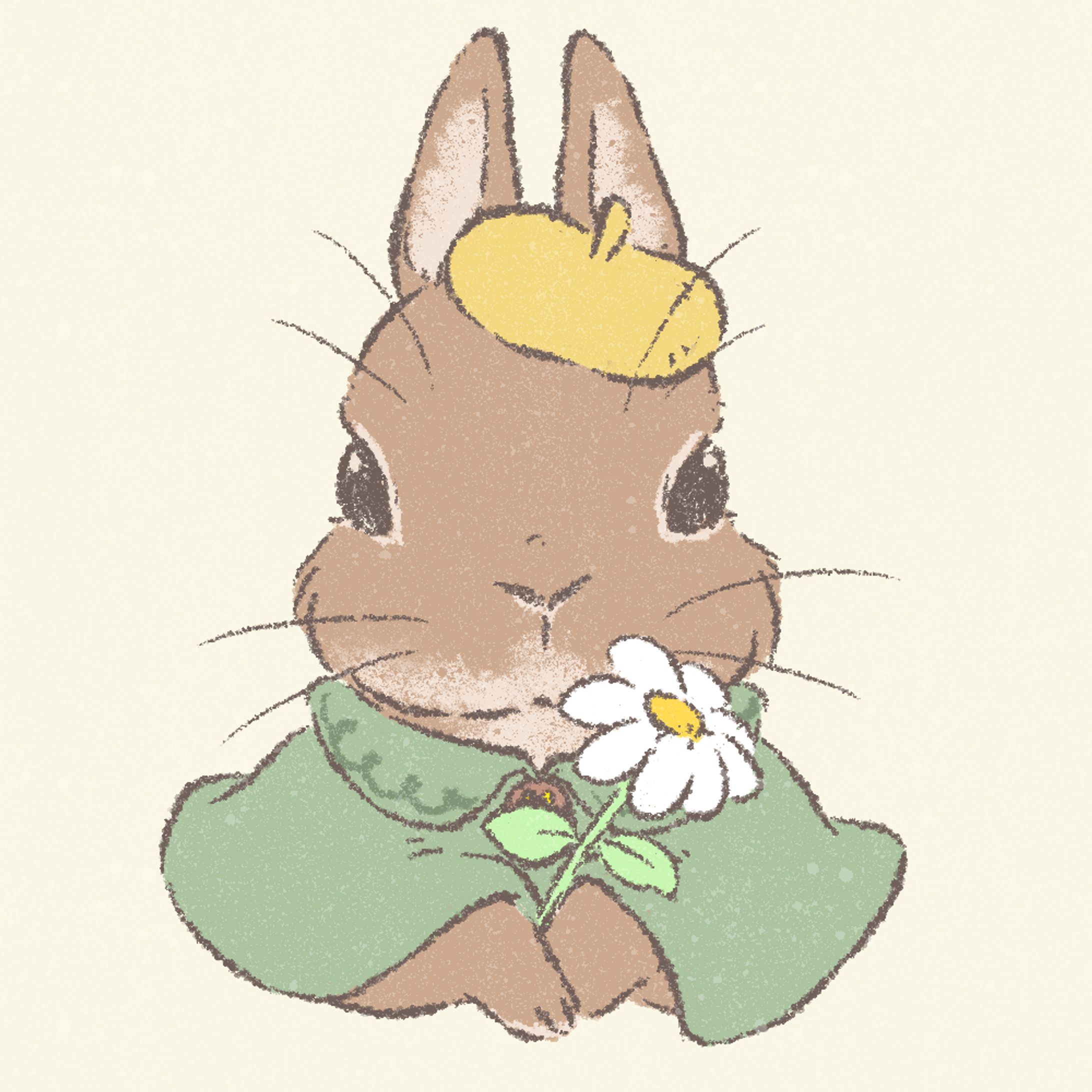 服を着て花を持っているうさぎのイラスト-1