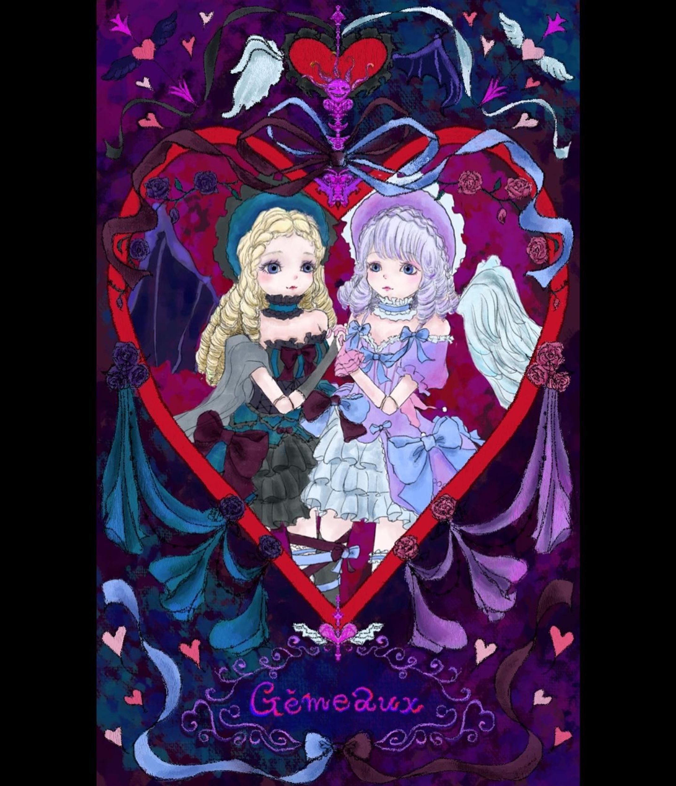 ♊️ Gémeaux ⋆꙳
𓂃𓂃𓂃𓂃𓂃𓂃𓂃𓂃𓂃𓂃

꙳☄︎ 👼 Angèle＆diable 😈✯‬ 

サーカスで綱渡りをしてる双子の女の子。お互いの事が好きすぎてドレススカートをくっつけ、足もリボンで結んでいる。天使と悪魔として生まれて恐れられて、捨てられてしまった...。今は2人だけの世界に入れて幸せそう。。

 #イラスト  #art  #illustration  #illust  #オリジナル #イラスト好きな人と繋がりたい  #イラストグラム  #絵描きさんと繋がりたい  #絵柄が好みって人にフォローされたい  #일러스트 #插图 #アンティーク #antique #ビスクドール #人形 #poupée #marionnette #双子座  #天使  #Gémeaux  #circus  #サーカス #ロリータ  #ゴシック  #ゴスロリ #星座  #十二星座  #タロットカード  #tarotcards  #不気味-1