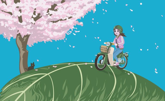 カブと桜餅と黒猫と桜とガール