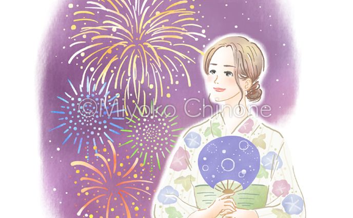 花火を見上げる浴衣の女性（オリジナル）