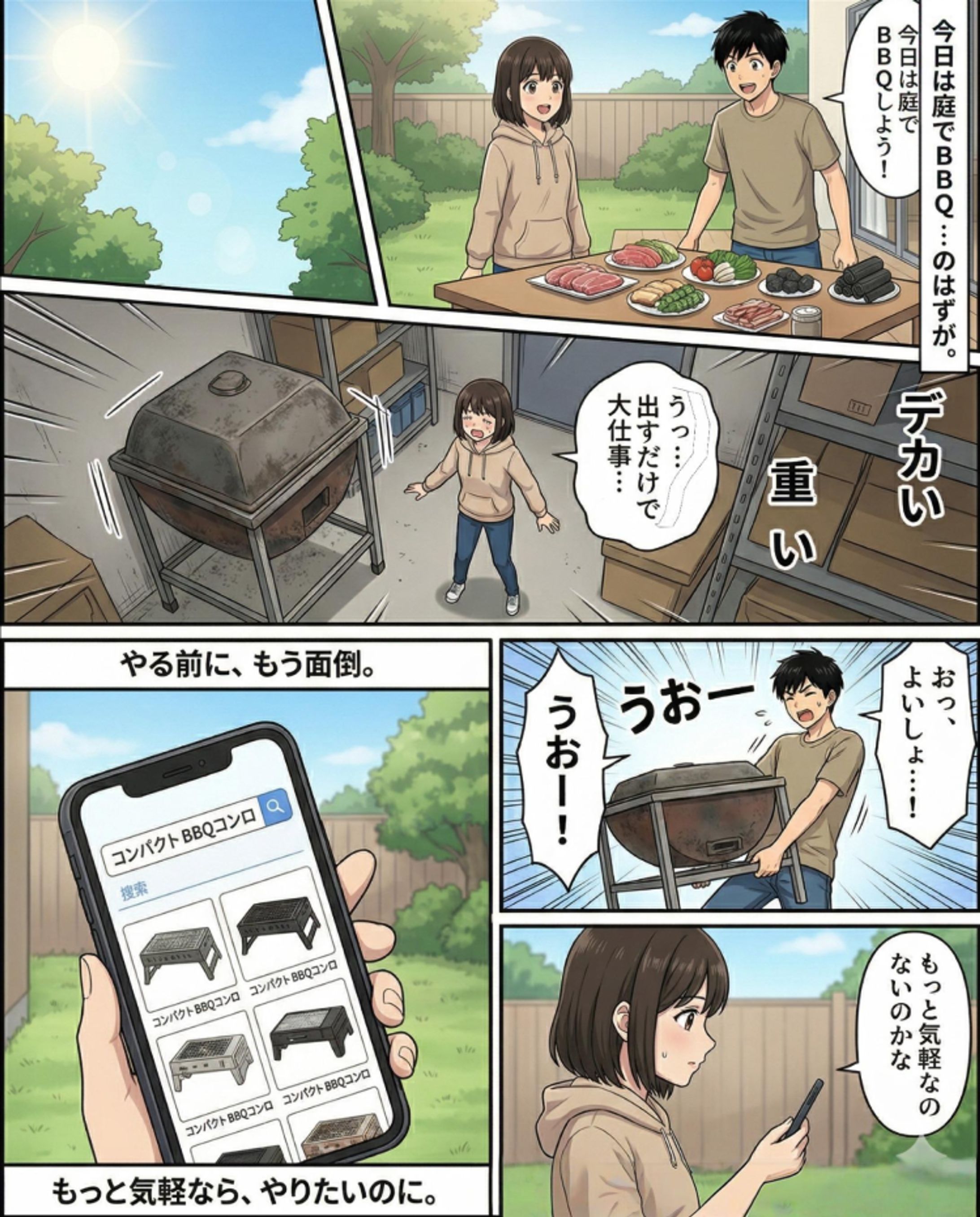 【商品写真(イラスト)入り広告漫画】バーベキューコンロ 折りたたみ コンパクト アイリスオーヤマ コンロ 卓上 ミニ  3～4人用-1
