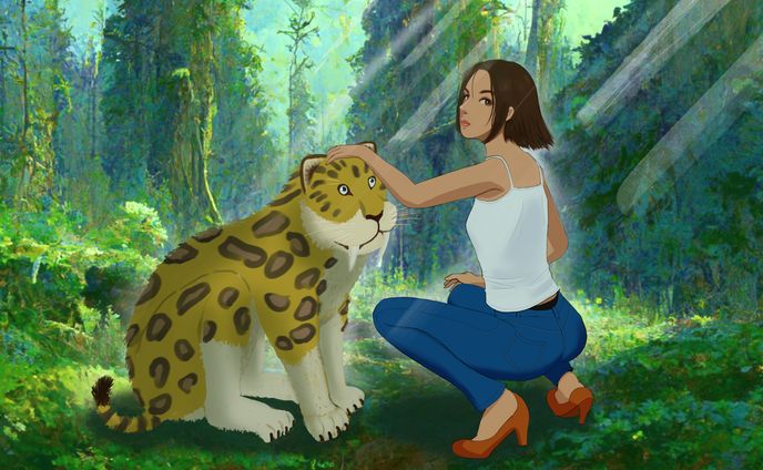 森の中でサーベルタイガーと戯れる女性（背景にAI使用）