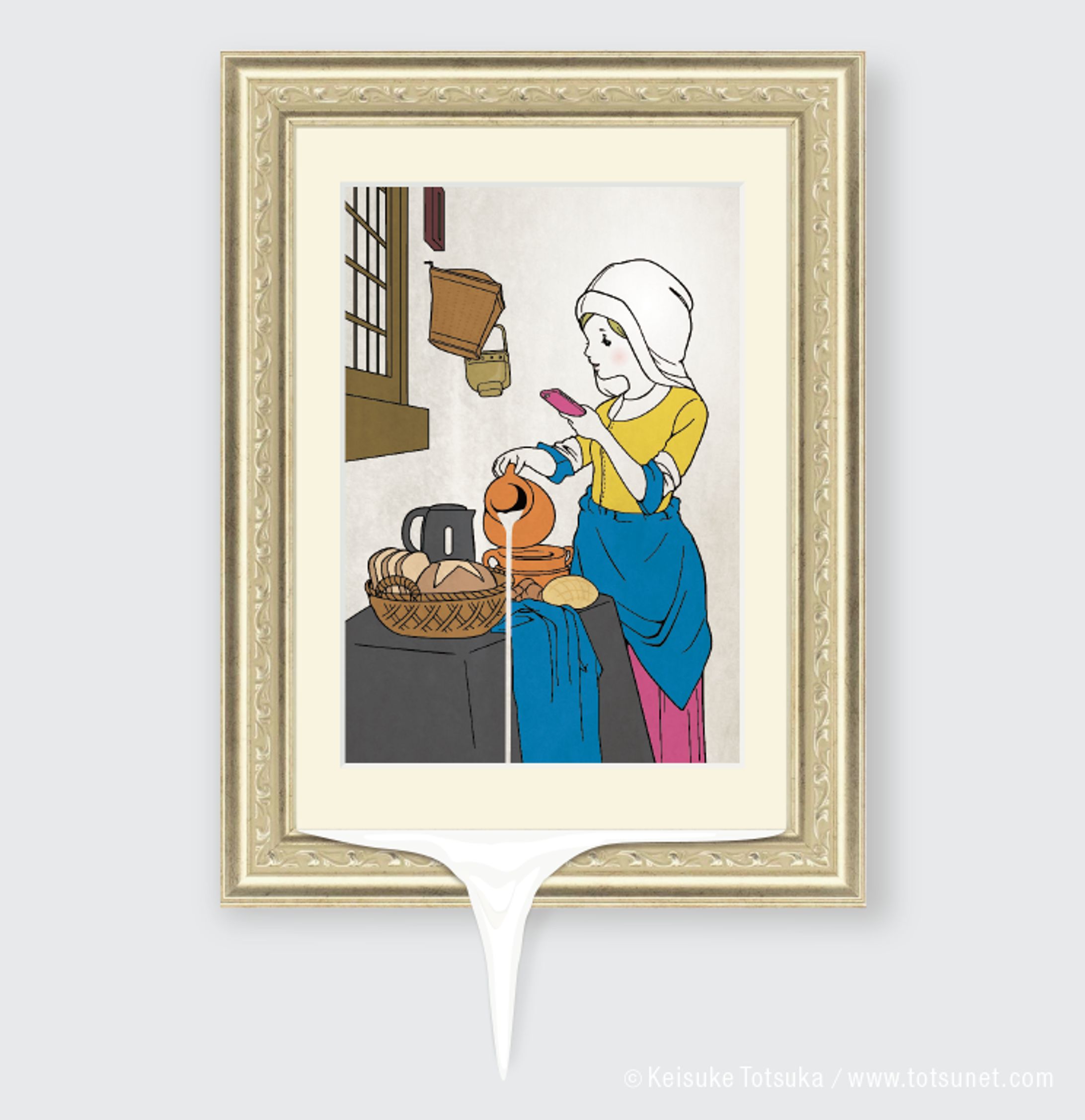 オリジナル作品／（スマホを見ながら）牛乳を注ぐ女-1