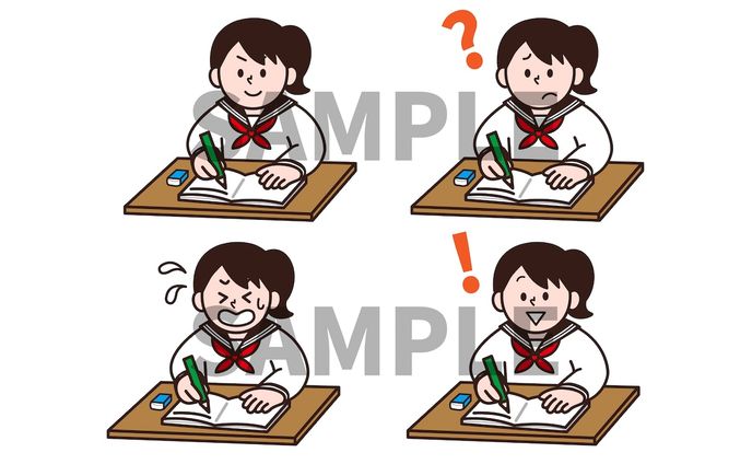 勉強するセーラー服姿の人物イラストセット（PIXTAにて公開中）