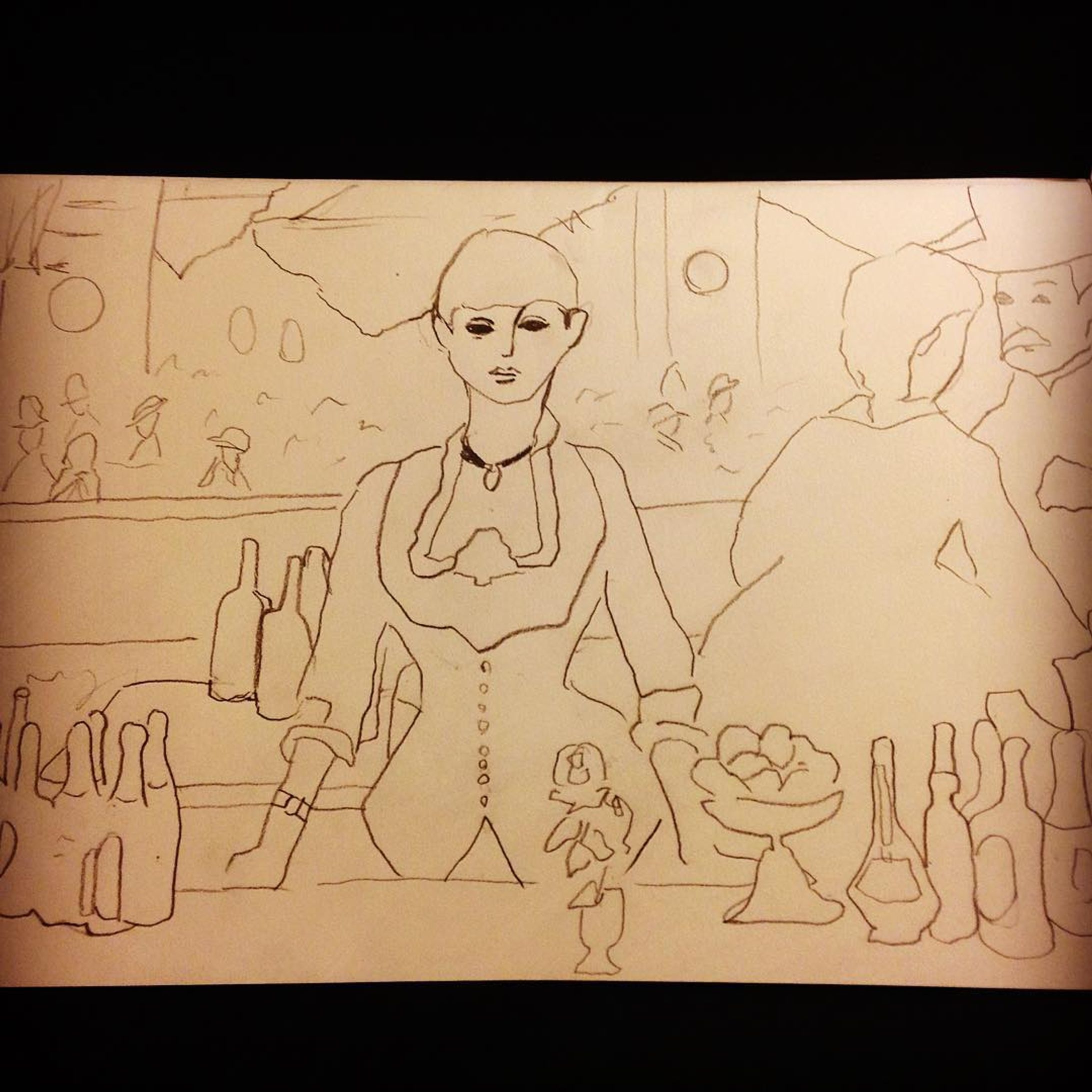 Copying out Manet's painting in front of the genuine at The Courtauld Gallery. #reproduction #genuine #manet #edouardmanet #bar #abaratthefoliesbergere #courtauldgallery #thecourtauldgallery #courtauld #somersethouse  #art #illustration #circus #foliesbergere  #london #female #barcounter #rose #bottle #マネ #アート #イラスト #ロンドン #模写 #バー #ボトル #絵 #love #illustrator #イラストレーター-1