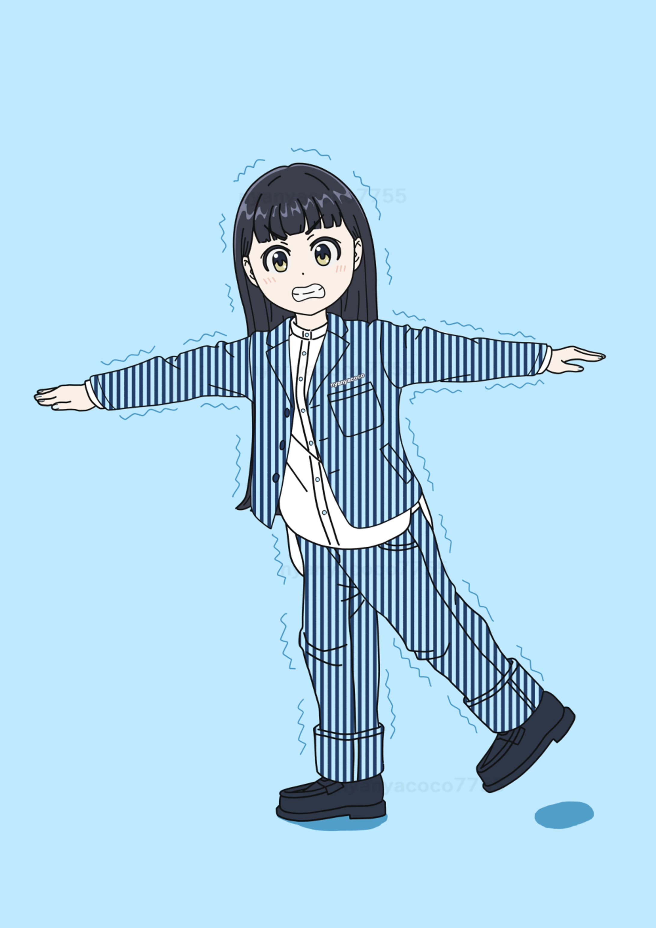 ロングヘア女子　腕を左右に広げ片足立ち　ジャケット有-1