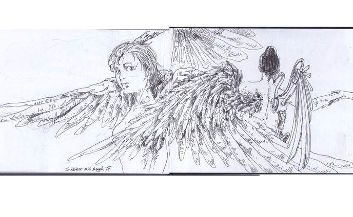 #Inktober day 16: Angel
trying something different with fineliner!
.
with @bukuqu.official landscape sketchbook
.
 @sakuracolorproducts Pigma Micron
.
.
.
.
.
.
.
.
 #inktober2023 #inktober52 #ink #art #inkwork #comics #blackandwhite #sketch #doodle #rakugaki #comic #illustration #いたずら書き #描画 #図 #アーティスト #形 #manga  #volume #sketchbook #sketch @inktober