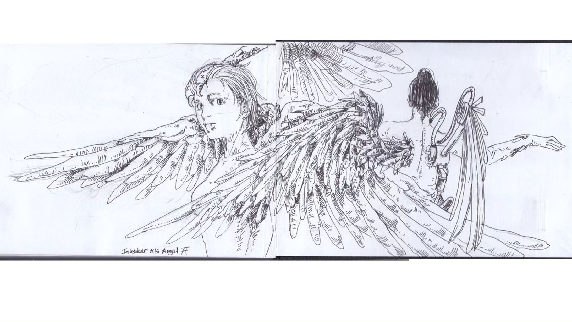 #Inktober day 16: Angel
trying something different with fineliner!
.
with @bukuqu.official landscape sketchbook
.
 @sakuracolorproducts Pigma Micron
.
.
.
.
.
.
.
.
 #inktober2023 #inktober52 #ink #art #inkwork #comics #blackandwhite #sketch #doodle #rakugaki #comic #illustration #いたずら書き #描画 #図 #アーティスト #形 #manga  #volume #sketchbook #sketch @inktober-1