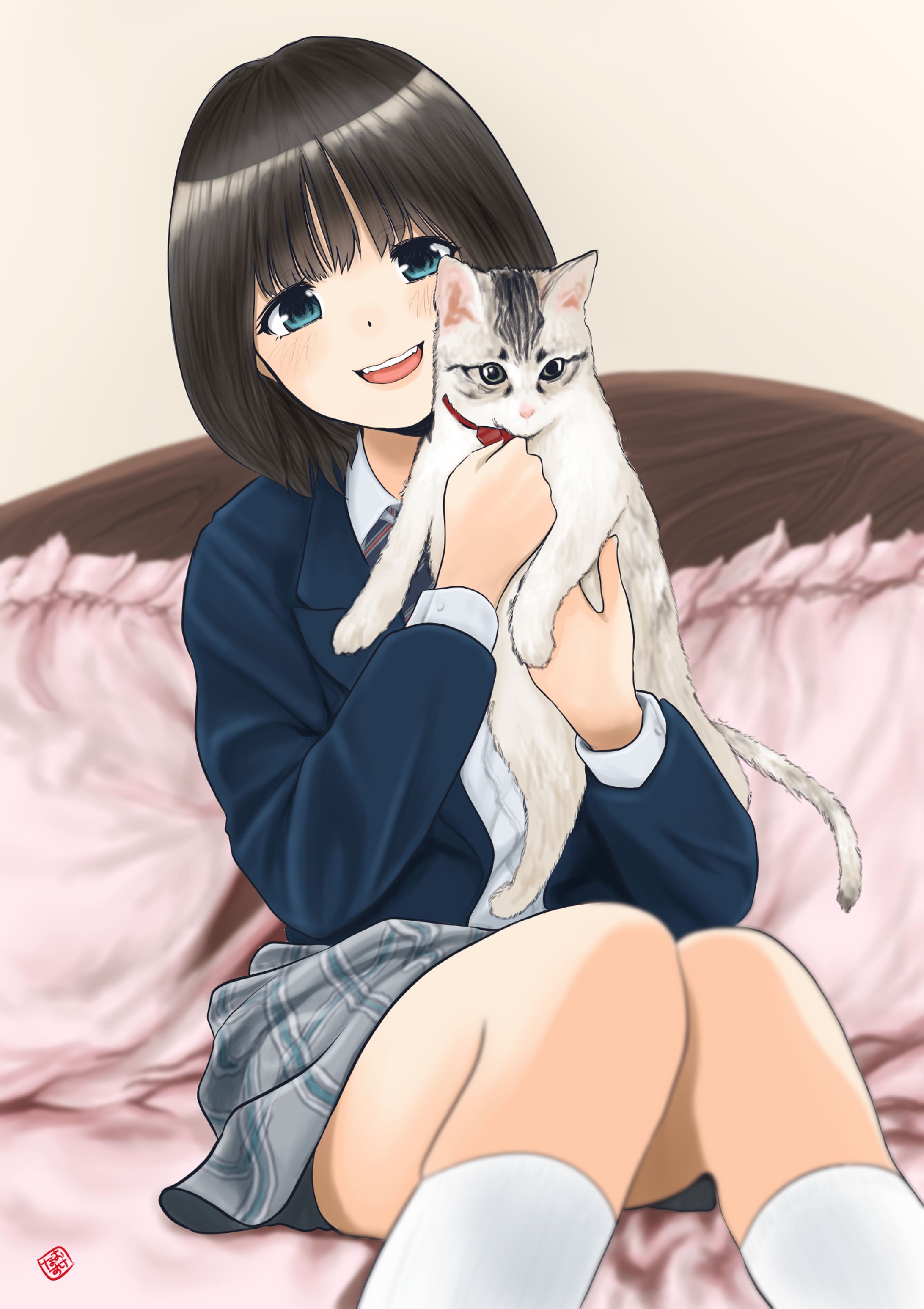 猫抱っこする彼女-1