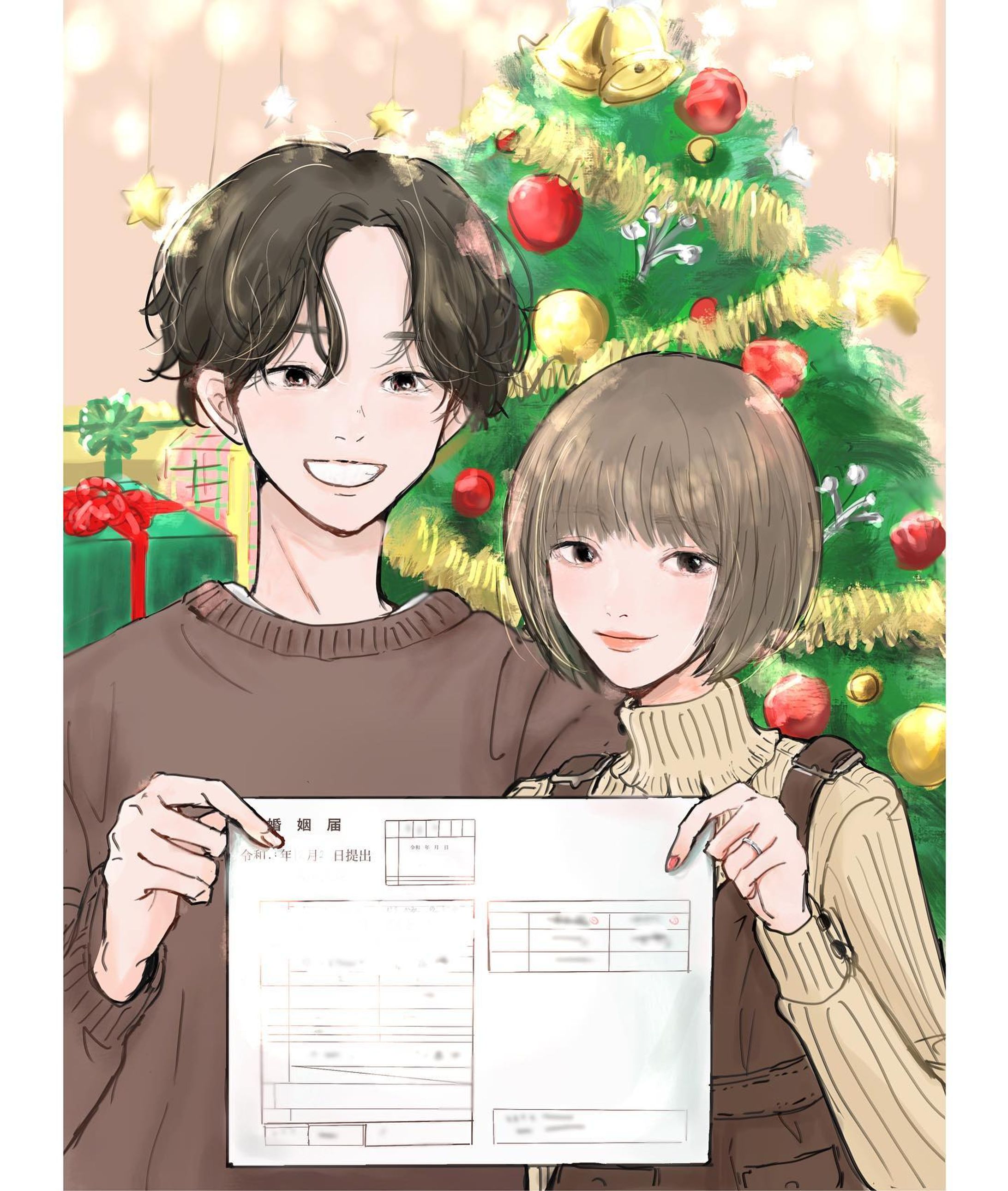 《ご依頼イラスト》
@non_non127 様のご入籍イラスト描かせていただきました。

※ご本人様以外はご利用お控えください。
※婚姻届の一部情報をぼかしに変えております。

ご結婚、本当におめでとうございます☺️💕
お体に気をつけて新生活楽しんでください🥰

nozomiさんには以前もご依頼いただいていて、ご本人様のお人柄はもちろん、ほんっとうに素敵な写真を撮られているお方です。

何度も言ってしまっていますが、、本当に素敵なご依頼ありがとうございました☺️✨幸せのお裾分けありがとうございます🥺

そして年末イラスト、描けるか分からないのでで、みなさまにご挨拶を👩🏻🐈💦

皆様今年は大変お世話になりました☺️🐮🙇‍♀️✨
皆様寒さに負けず、美味しいもの沢山食べて、素敵なお正月をお迎えください🎍
来年もよろしくお願い致します🐯✨-1