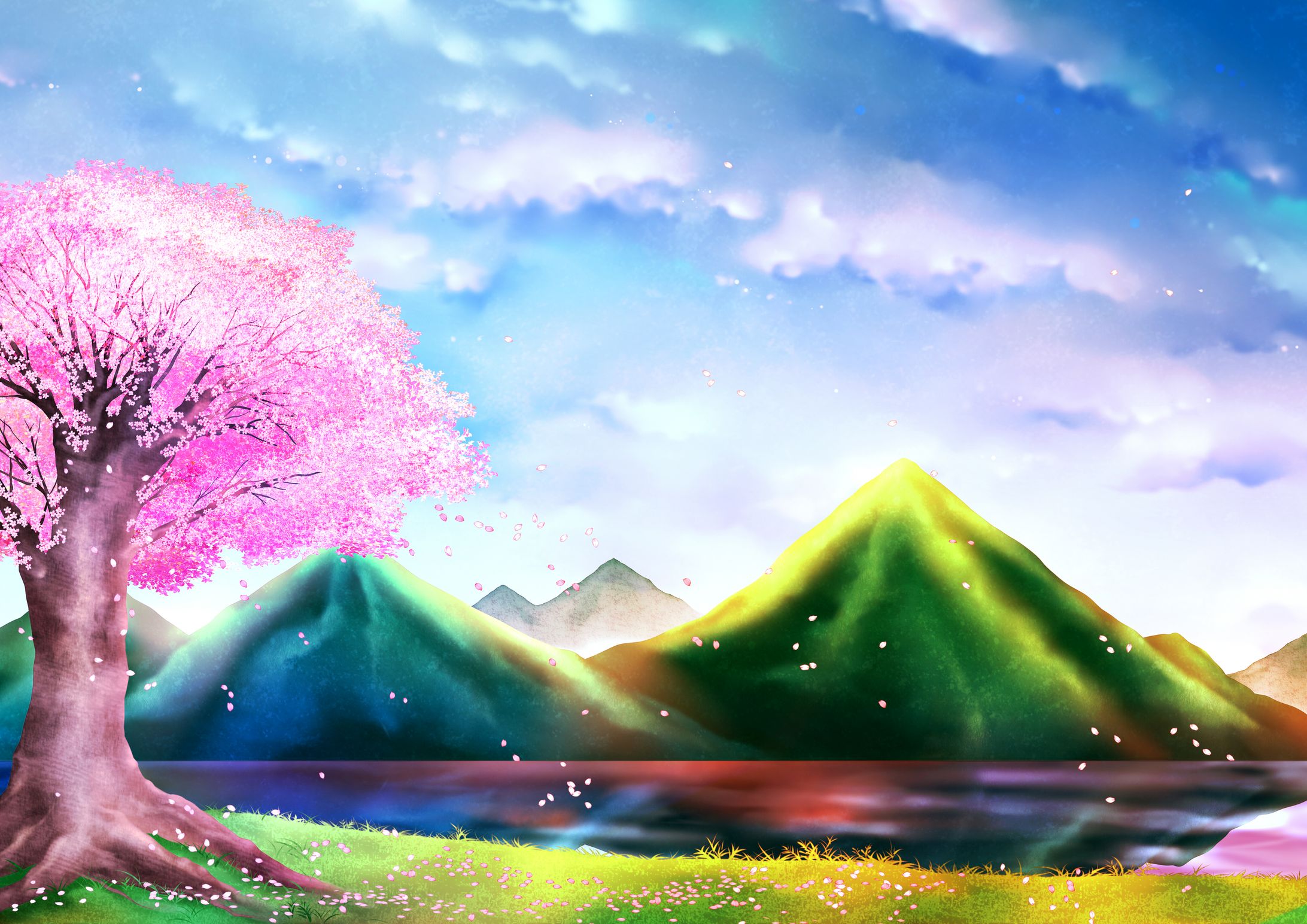 依頼絵　桜　山岳　空-1