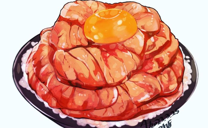 お肉乗せ飯。
ローストビーフじゃなかった気がするから何て名前だか分からない笑
 #イラスト
 #飯テロイラスト
 #お肉料理イラスト